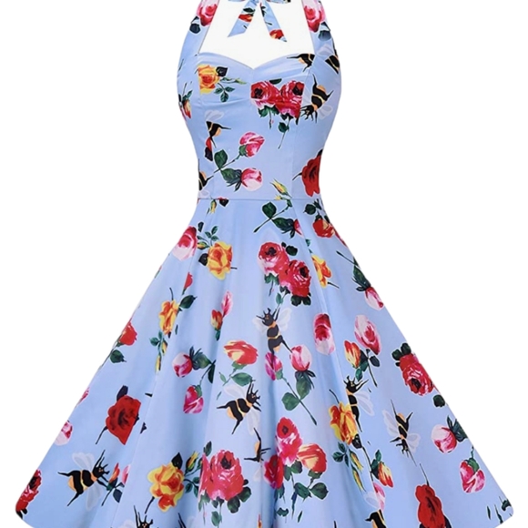 ANNI COCO HALTER 1950S FLORAL BEE PRINT ROCKABILLY COCKTAIL SWING DRESS SIZE S - Picture 12 of 16